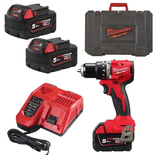 Kit perceuse-visseuse à percussion Milw M18 BLPDRC-502C 18 V Li-Ion (2 batteries de 5,0 Ah) dans un coffret